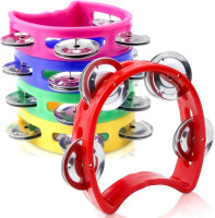 Vmiapxo 5 Pack Colored Tamborines for Kids, Plastic Hand-held Tambourines with 4 Jingle Bells, Mini Percussion Rhythm Musical Instrument for School, Party