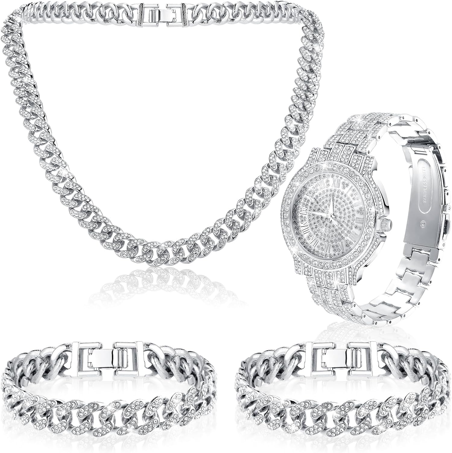 4 Pcs Diamond Watch Cuban Link Chain Men Watch Set Halloween Costumes Bling Rhinestone Necklace Bracelet Jewelry Silver