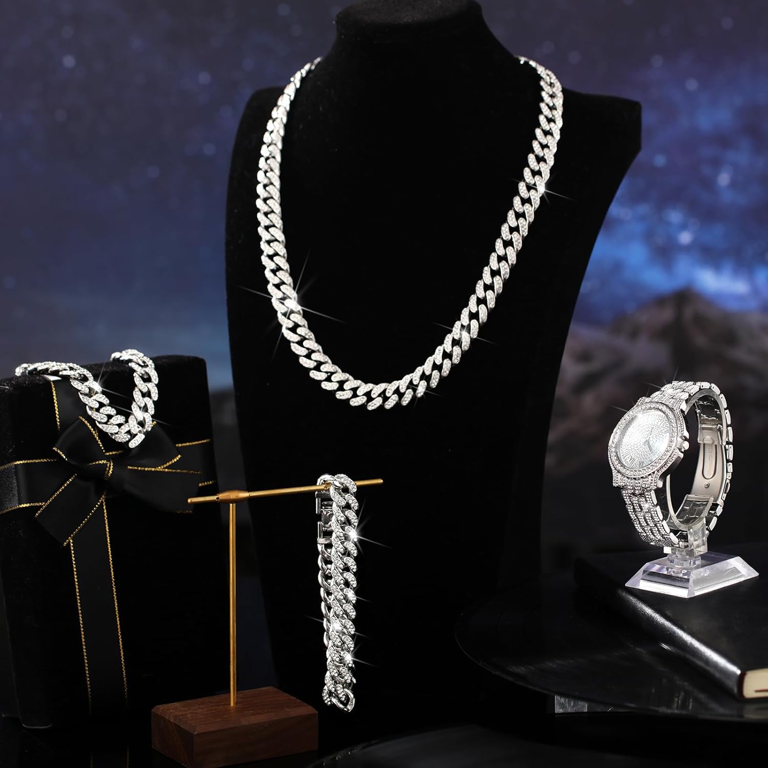 4 Pcs Diamond Watch Cuban Link Chain Men Watch Set Halloween Costumes Bling Rhinestone Necklace Bracelet Jewelry Silver