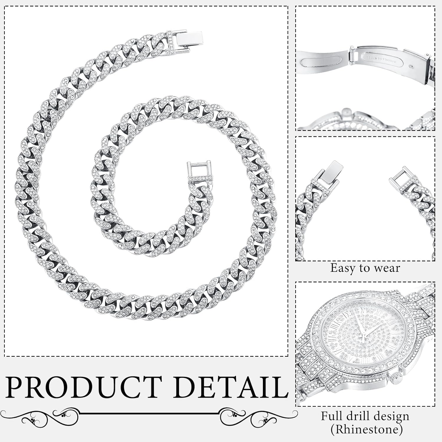 4 Pcs Diamond Watch Cuban Link Chain Men Watch Set Halloween Costumes Bling Rhinestone Necklace Bracelet Jewelry Silver