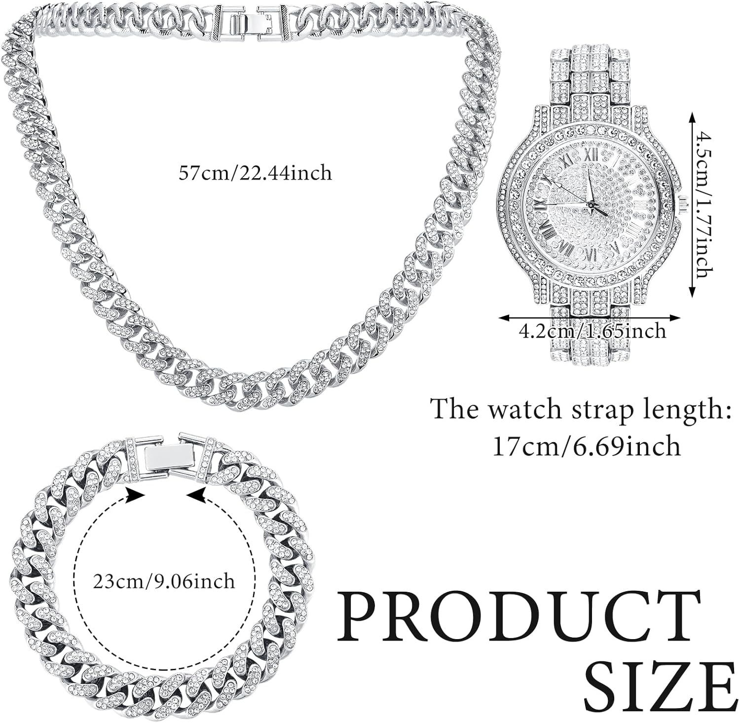 4 Pcs Diamond Watch Cuban Link Chain Men Watch Set Halloween Costumes Bling Rhinestone Necklace Bracelet Jewelry Silver