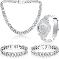 4 Pcs Diamond Watch Cuban Link Chain Men Watch Set Halloween Costumes Bling Rhinestone Necklace Bracelet Jewelry Silver