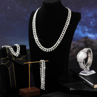 4 Pcs Diamond Watch Cuban Link Chain Men Watch Set Halloween Costumes Bling Rhinestone Necklace Bracelet Jewelry Silver