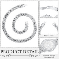 4 Pcs Diamond Watch Cuban Link Chain Men Watch Set Halloween Costumes Bling Rhinestone Necklace Bracelet Jewelry Silver