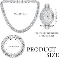 4 Pcs Diamond Watch Cuban Link Chain Men Watch Set Halloween Costumes Bling Rhinestone Necklace Bracelet Jewelry Silver