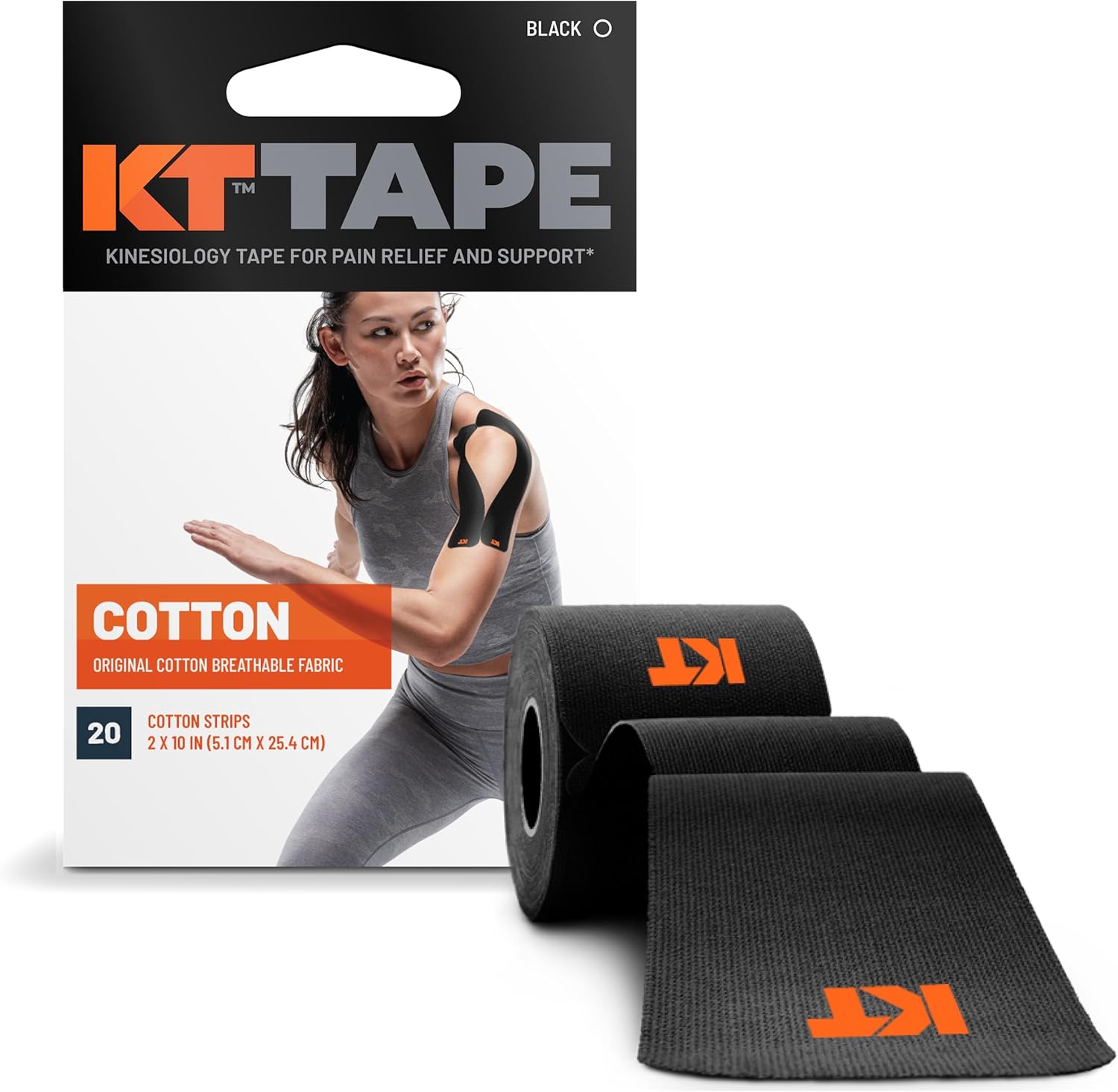 KT Tape, Original Cotton, Elastic Kinesiology Athletic Tape, 20 Count, 10” Precut Strips Black