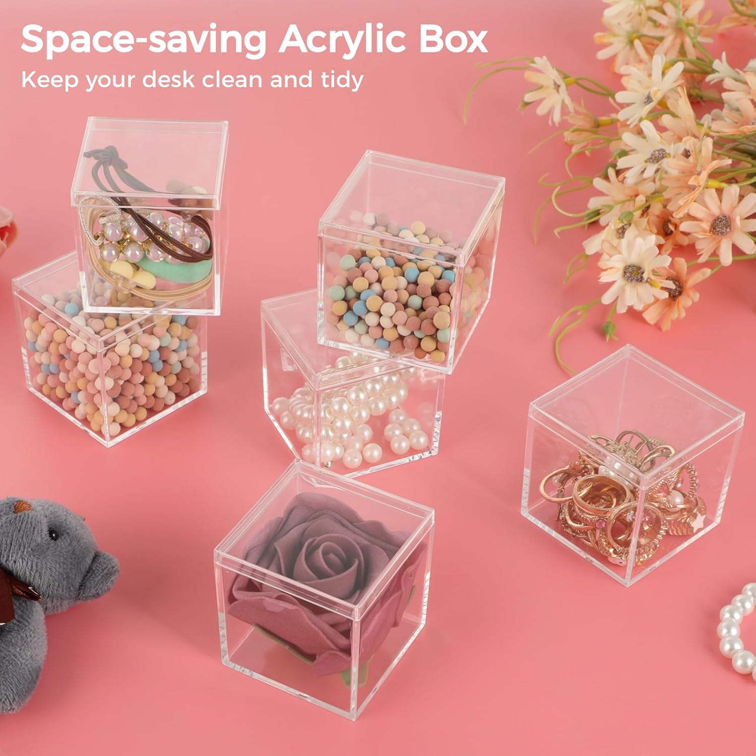 40 Pcs Acrylic Boxes - Clear Small Square Display Boxes, 2.2 x 2.2 x 2.2 in, With Lids for Candy, Pill, Earring, Jewelry, Tiny Beads