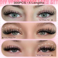 Lash Clusters Kit Wispy Eyelash Clusters Lashes Natural DIY Lash Extension Kit 10-16mm Cluster Eyelash Extensions Kit 300pcs C Curl Individual Lashes Cluster Eyelash (No Tweezers) G-CC Curl no tweezers