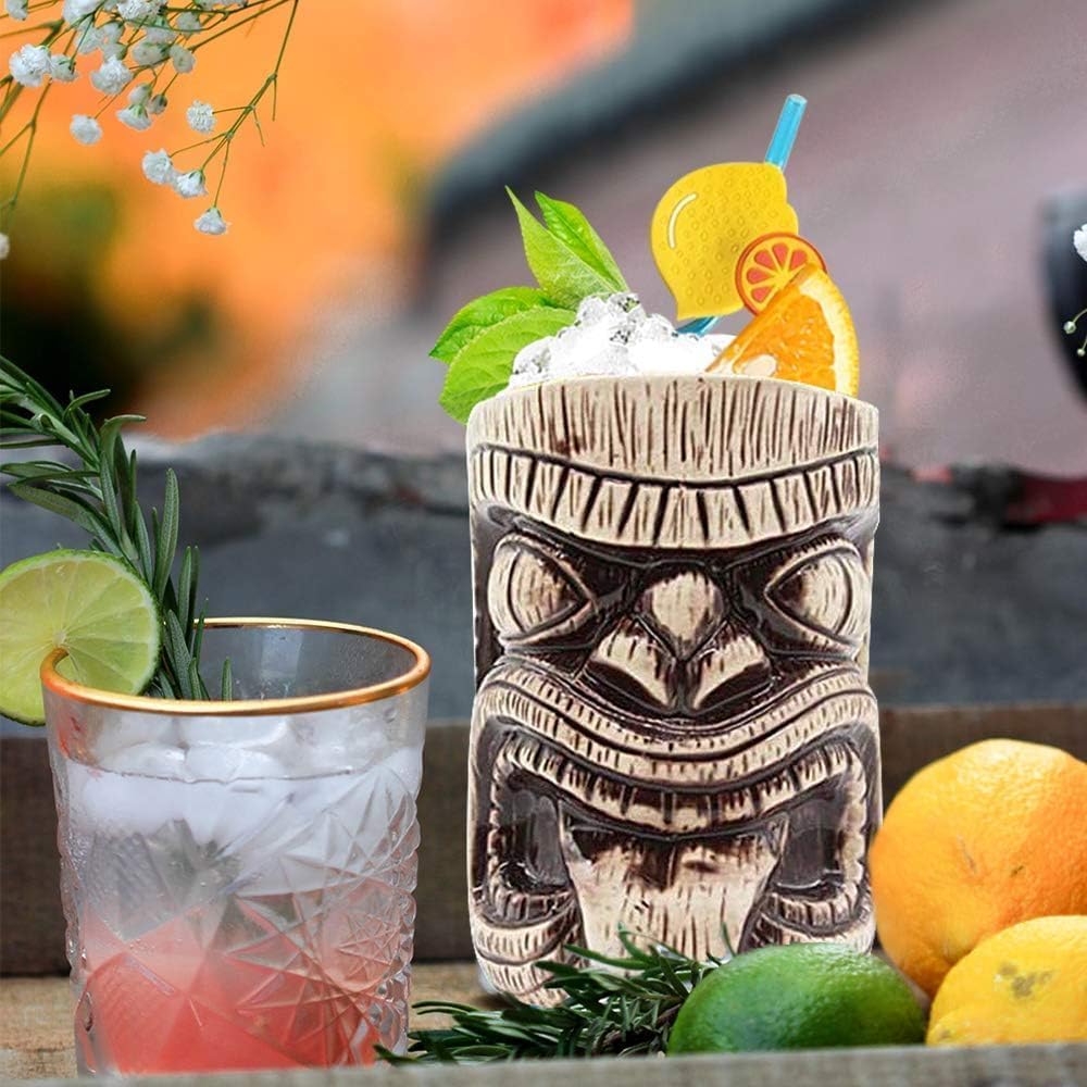 LINALL Tiki Mugs Set - Large Ceramic Tiki Mug, Cocktail Mugs for Mai Tai, Punch, Pina Colada, and Tropical bar Drinks (TIKISET)