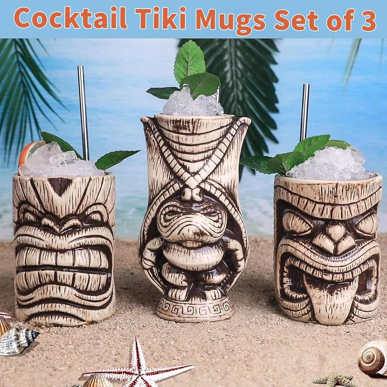 LINALL Tiki Mugs Set - Large Ceramic Tiki Mug, Cocktail Mugs for Mai Tai, Punch, Pina Colada, and Tropical bar Drinks (TIKISET)