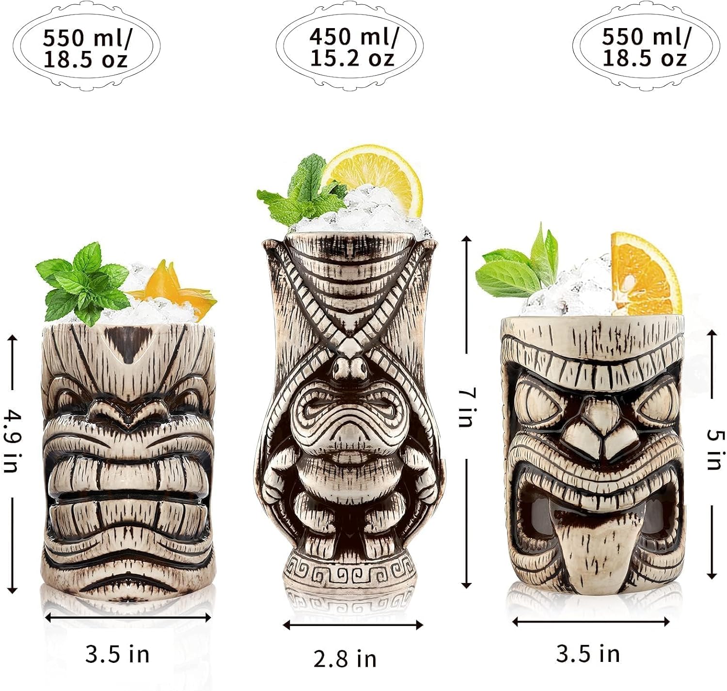 LINALL Tiki Mugs Set - Large Ceramic Tiki Mug, Cocktail Mugs for Mai Tai, Punch, Pina Colada, and Tropical bar Drinks (TIKISET)