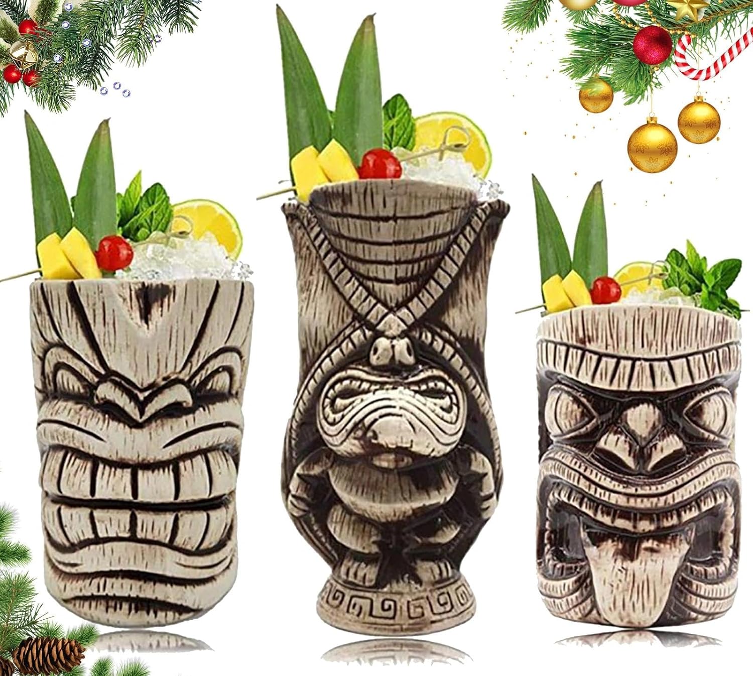 LINALL Tiki Mugs Set - Large Ceramic Tiki Mug, Cocktail Mugs for Mai Tai, Punch, Pina Colada, and Tropical bar Drinks (TIKISET)