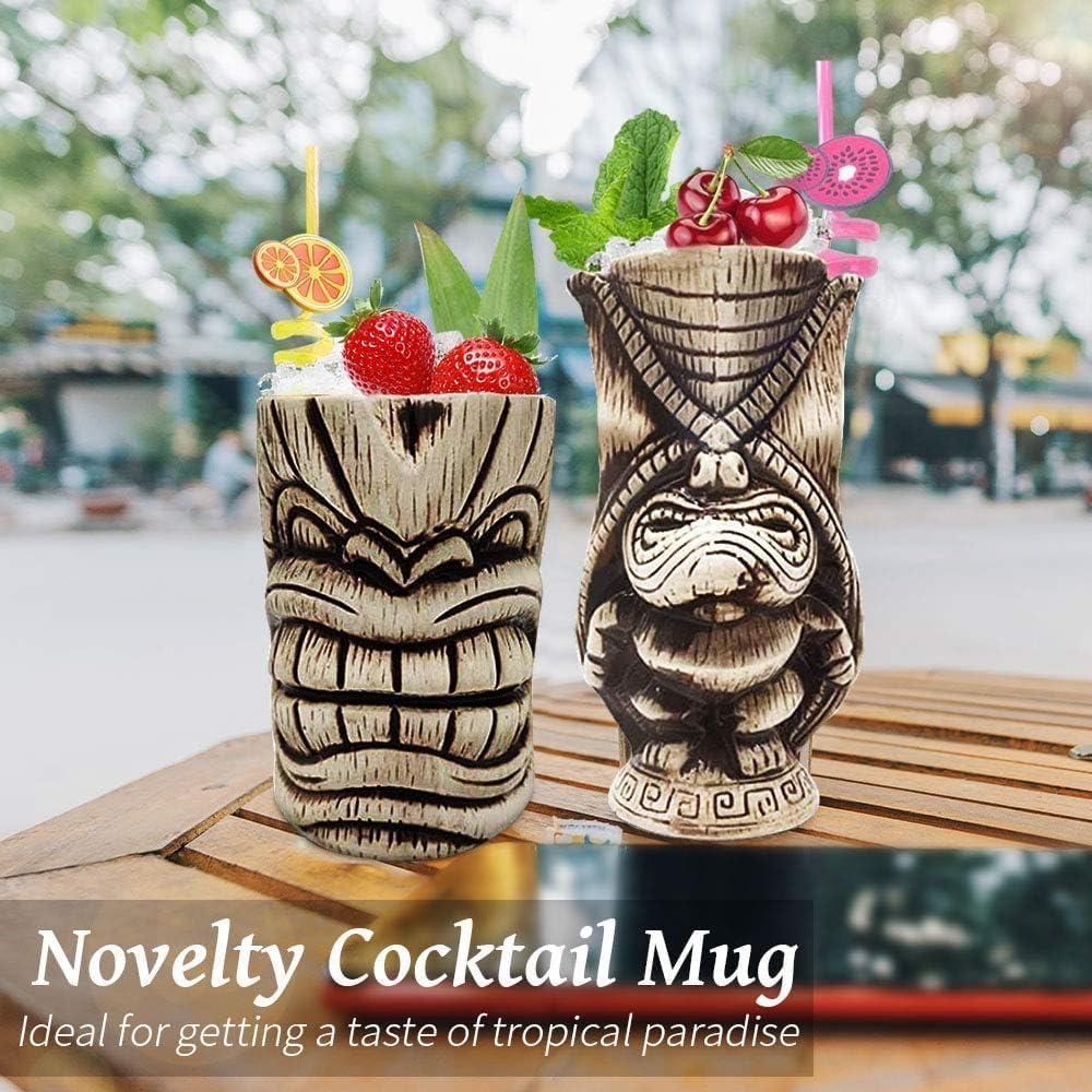 LINALL Tiki Mugs Set - Large Ceramic Tiki Mug, Cocktail Mugs for Mai Tai, Punch, Pina Colada, and Tropical bar Drinks (TIKISET)
