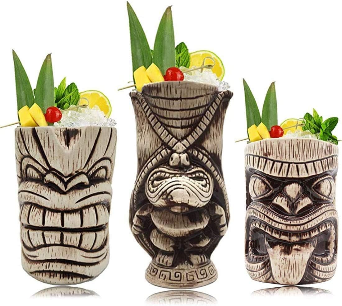 Tiki Mugs Set - Large Ceramic Tiki Mug, Cocktail Mugs for Mai Tai, Punch, Pina Colada, and Tropical bar Drinks (TIKISET)