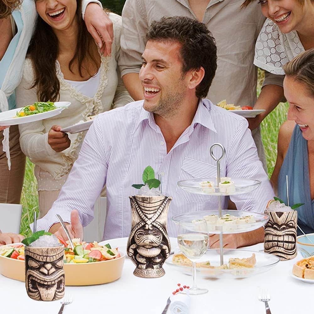 LINALL Tiki Mugs Set - Large Ceramic Tiki Mug, Cocktail Mugs for Mai Tai, Punch, Pina Colada, and Tropical bar Drinks (TIKISET)