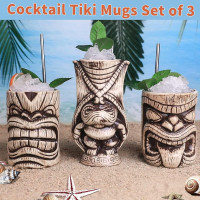 LINALL Tiki Mugs Set - Large Ceramic Tiki Mug, Cocktail Mugs for Mai Tai, Punch, Pina Colada, and Tropical bar Drinks (TIKISET)