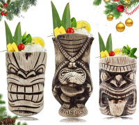 LINALL Tiki Mugs Set - Large Ceramic Tiki Mug, Cocktail Mugs for Mai Tai, Punch, Pina Colada, and Tropical bar Drinks (TIKISET)