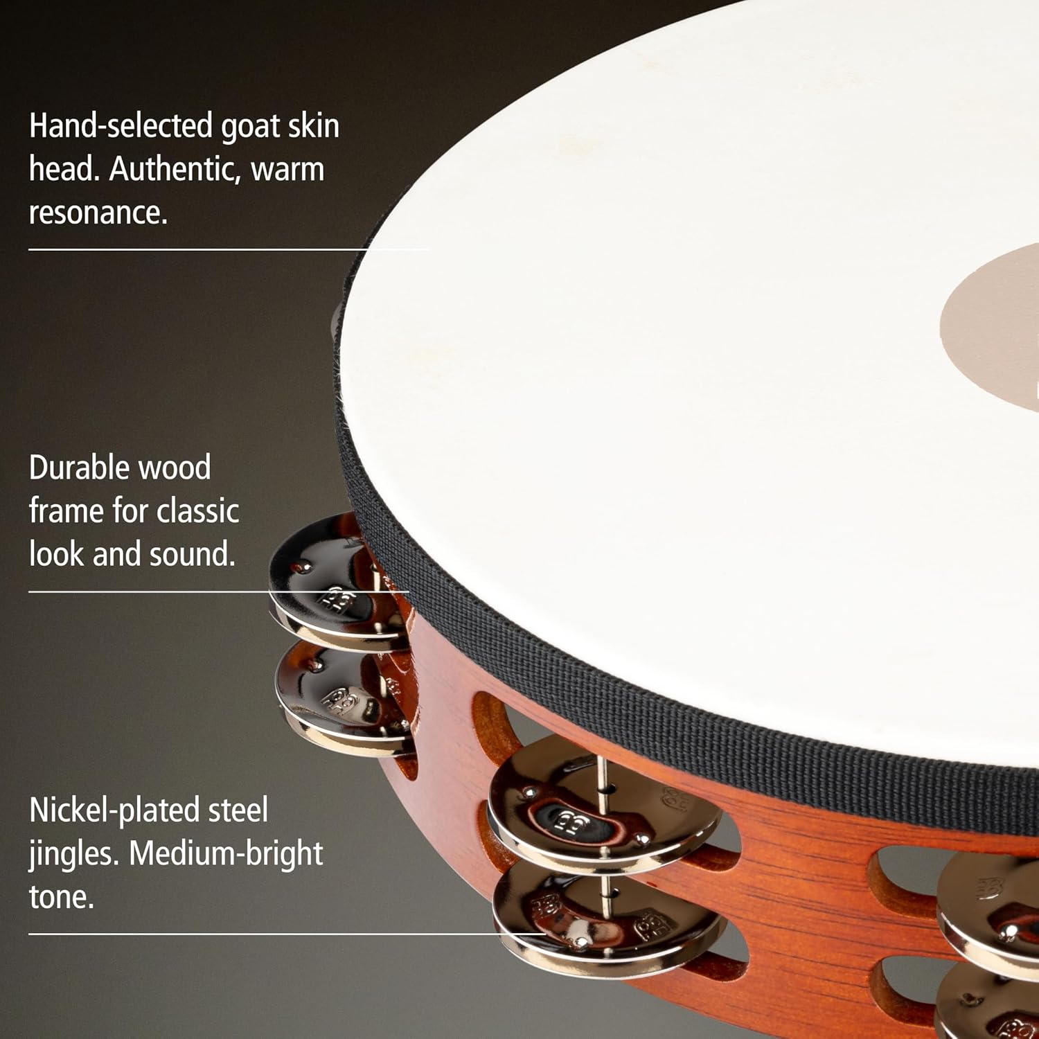Meinl Percussion TAH2AB Traditional 10-Inch Wood Tambourine with Goat Skin Head and Steel Jingles, 2 Row Double Row Headed