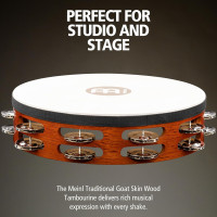 Meinl Percussion TAH2AB Traditional 10-Inch Wood Tambourine with Goat Skin Head and Steel Jingles, 2 Row Double Row Headed