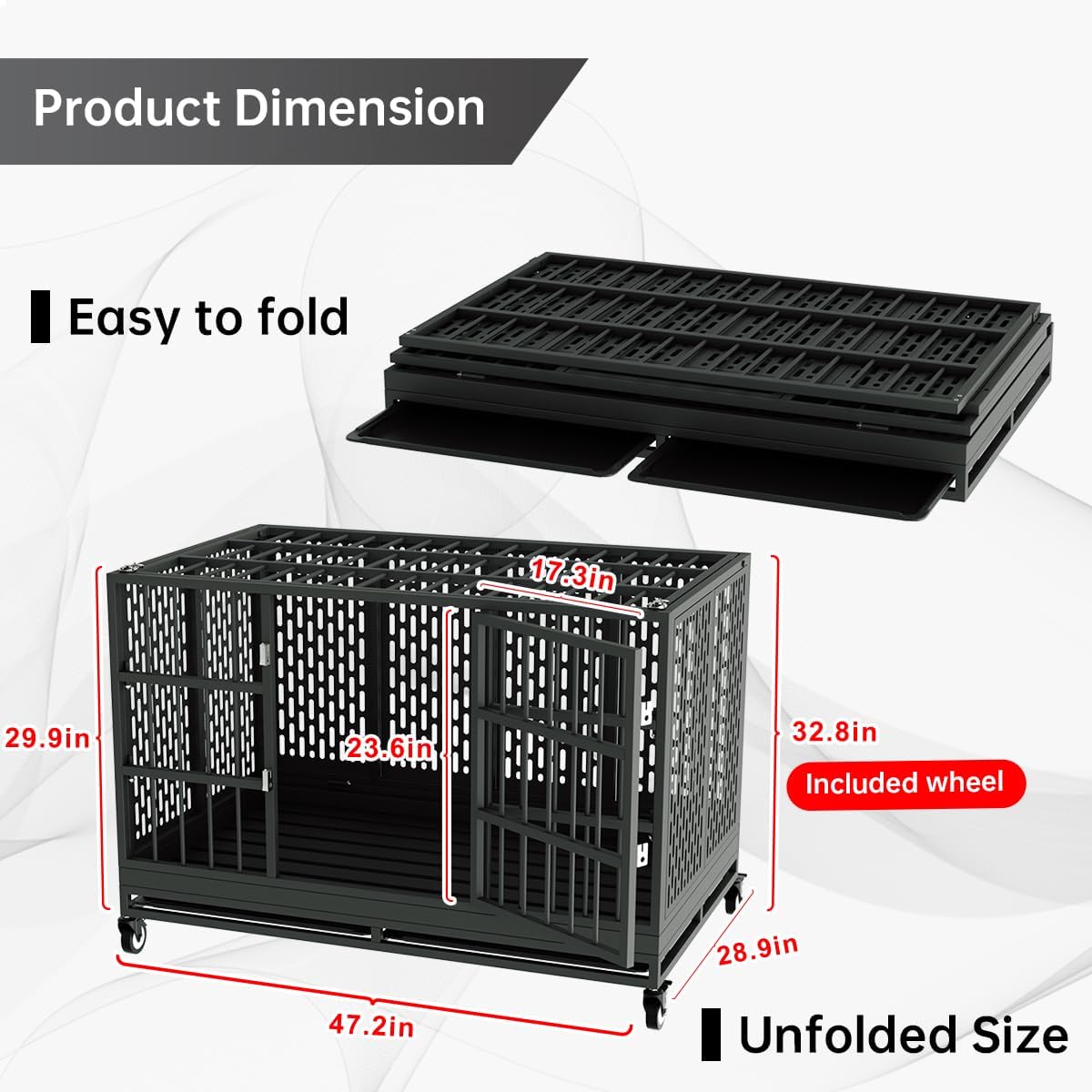 48 Inch Heavy Duty Dog Crate with Wheels, Folding Metal Big Dog Cage for Large and Medium Dogs, Extra Large XL XXL Indestructible Dog Crate with Removable Tray. 47.3