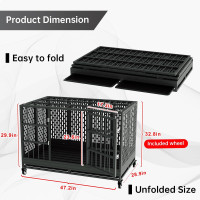 48 Inch Heavy Duty Dog Crate with Wheels, Folding Metal Big Dog Cage for Large and Medium Dogs, Extra Large XL XXL Indestructible Dog Crate with Removable Tray. 47.3