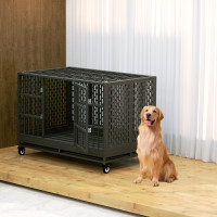 48 Inch Heavy Duty Dog Crate with Wheels, Folding Metal Big Dog Cage for Large and Medium Dogs, Extra Large XL XXL Indestructible Dog Crate with Removable Tray. 47.3