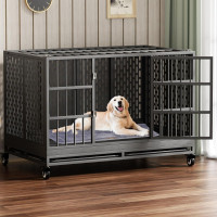 48 Inch Heavy Duty Dog Crate with Wheels, Folding Metal Big Dog Cage for Large and Medium Dogs, Extra Large XL XXL Indestructible Dog Crate with Removable Tray. 47.3
