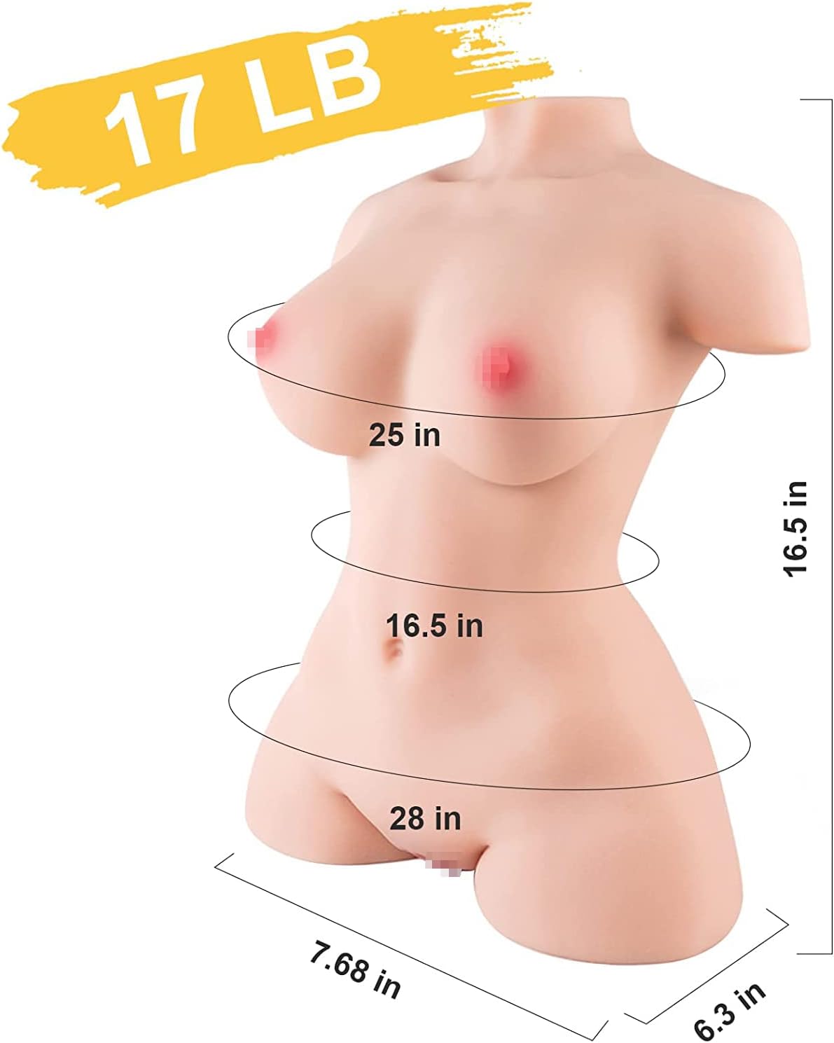 Sex Doll Torso Male Masturbator, Pocket Pussy Silicone Doll with Realistic Vagina Anal Big Breasts (17, Pounds)
