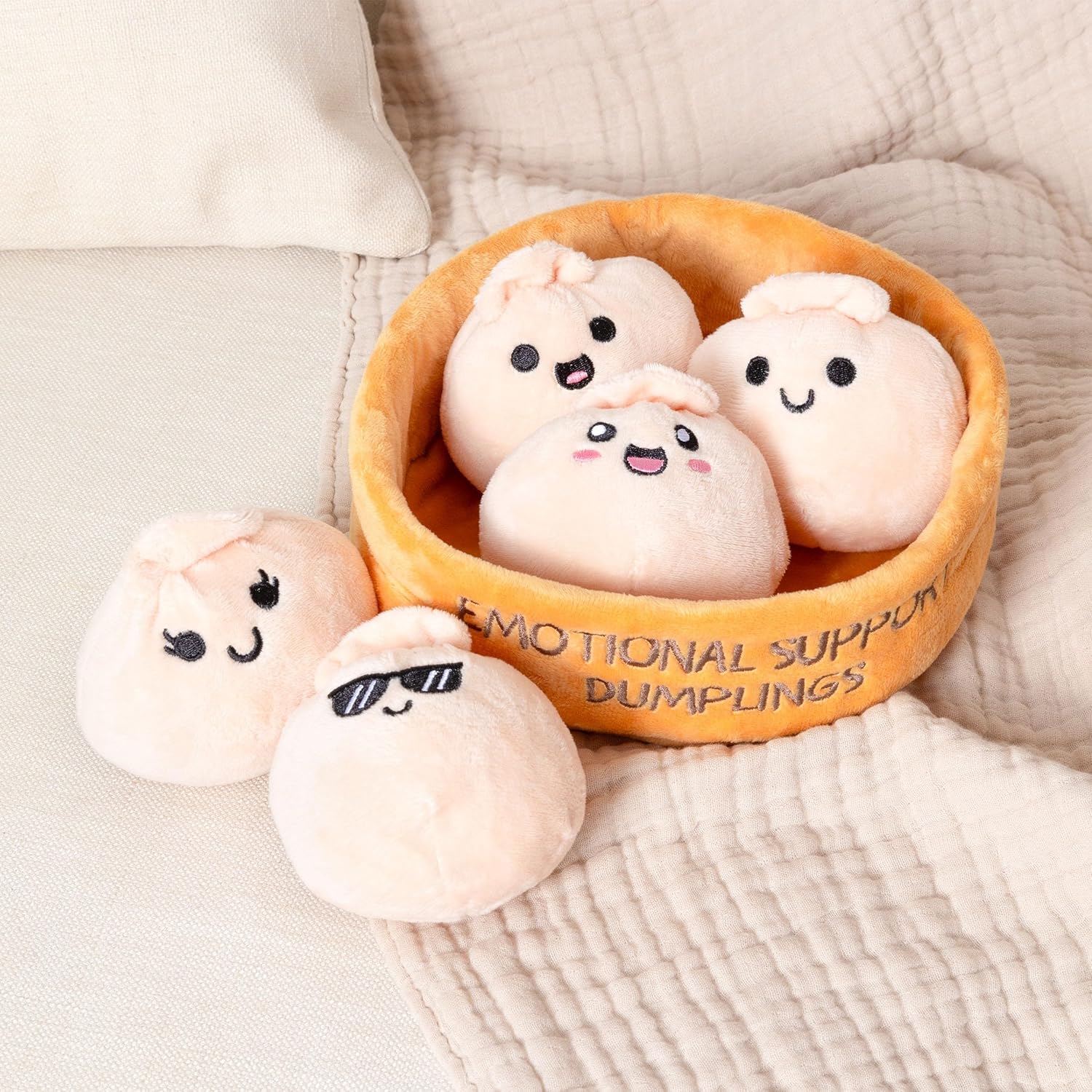 Emotional Support Dumplings by Relatable, Easter Plush Cuddly Stuffed Animals and Toys, Cute Easter Basket Stuffers, Non Candy Easter Gift Basket Ideas, Includes 5 Plushies with Carrying Basket