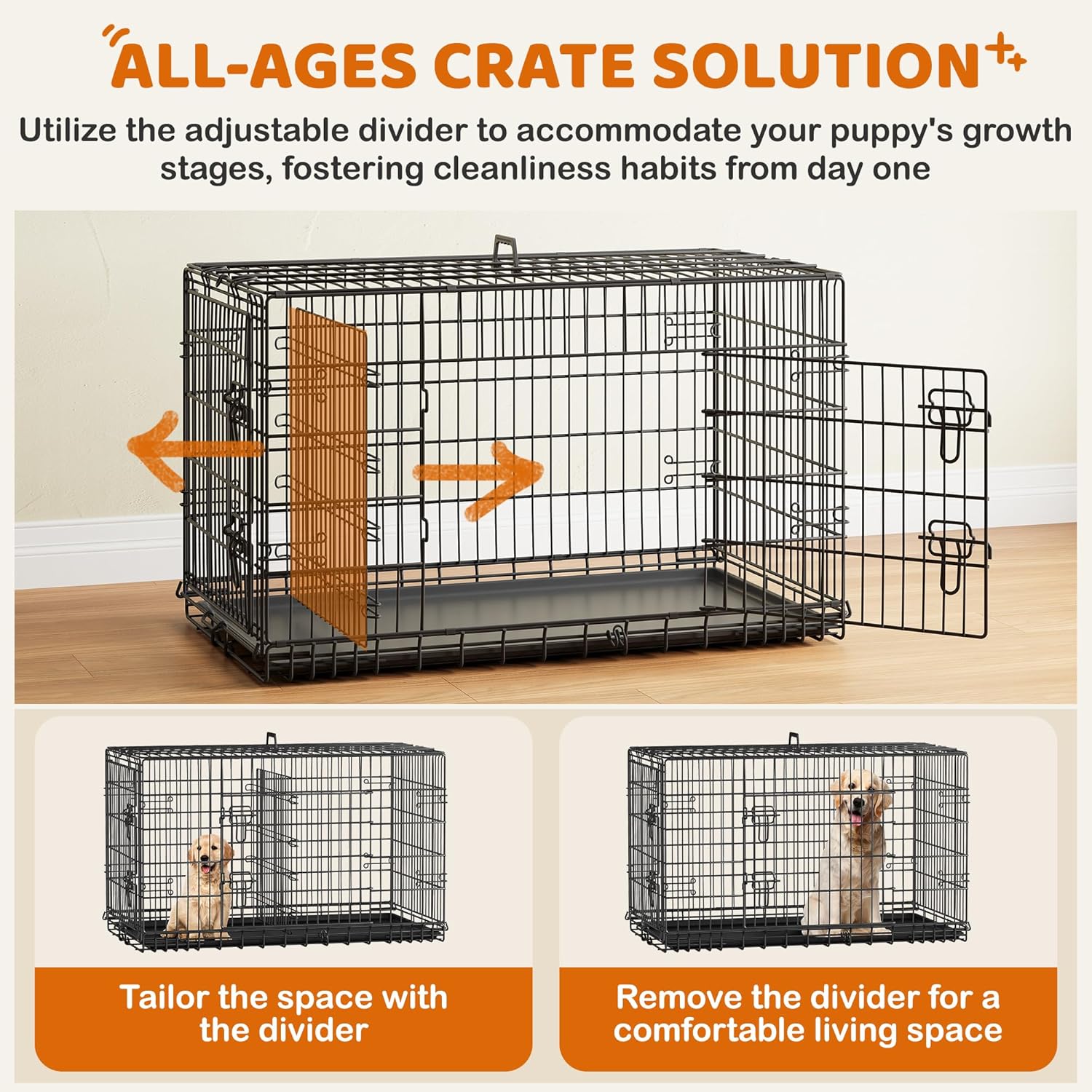 Yaheetech 42 inch Double Door Dog Crate w/Divider for Puppy to Adult XL Collapsible Metal Crate with Removable Tray Wire Dog Kennel for Large Dogs Portable Travel Cage, Black 42″ L × 24″ W × 26″ H