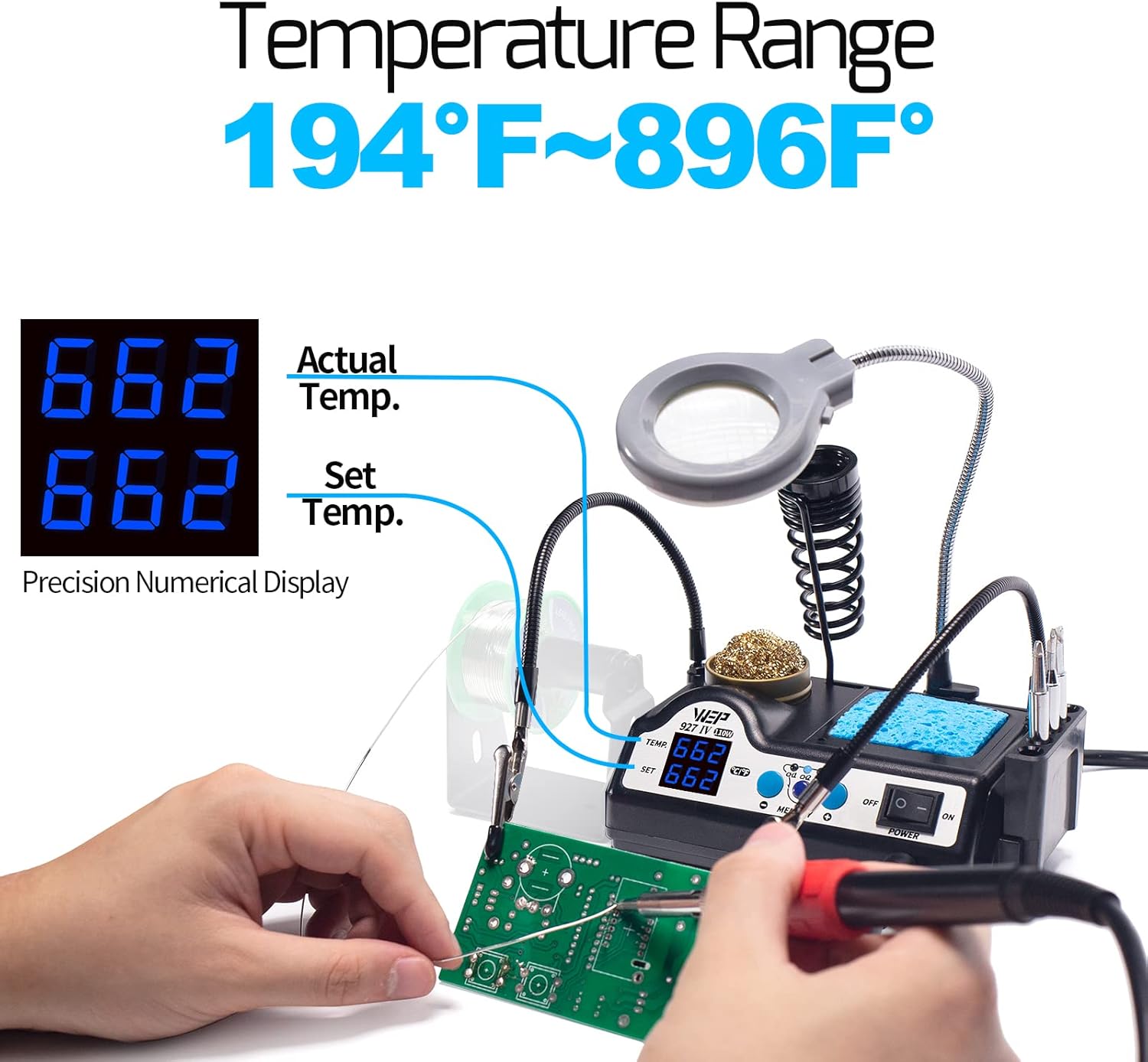 WEP 927-IV Soldering Station Kit High-Power 110W with 3 Preset Channels, Sleep Mode, LED Magnifier, 5 Extra Iron Tips, Tip Cleaner, 2 Helping Hands, Tip Storage Slots, Lead-free Solder Wire, Tweezers