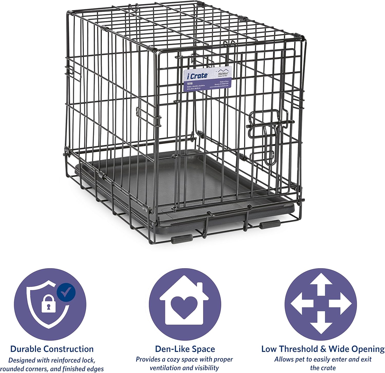 Midwest Homes for Pets 18-Inch iCrate Folding Dog Crate with Divider Panel, Leak-Proof Tray & Secure Latches – Metal Wire Kennel for Tiny Breeds – Portable, Durable & Easy to Assemble Black 18.0