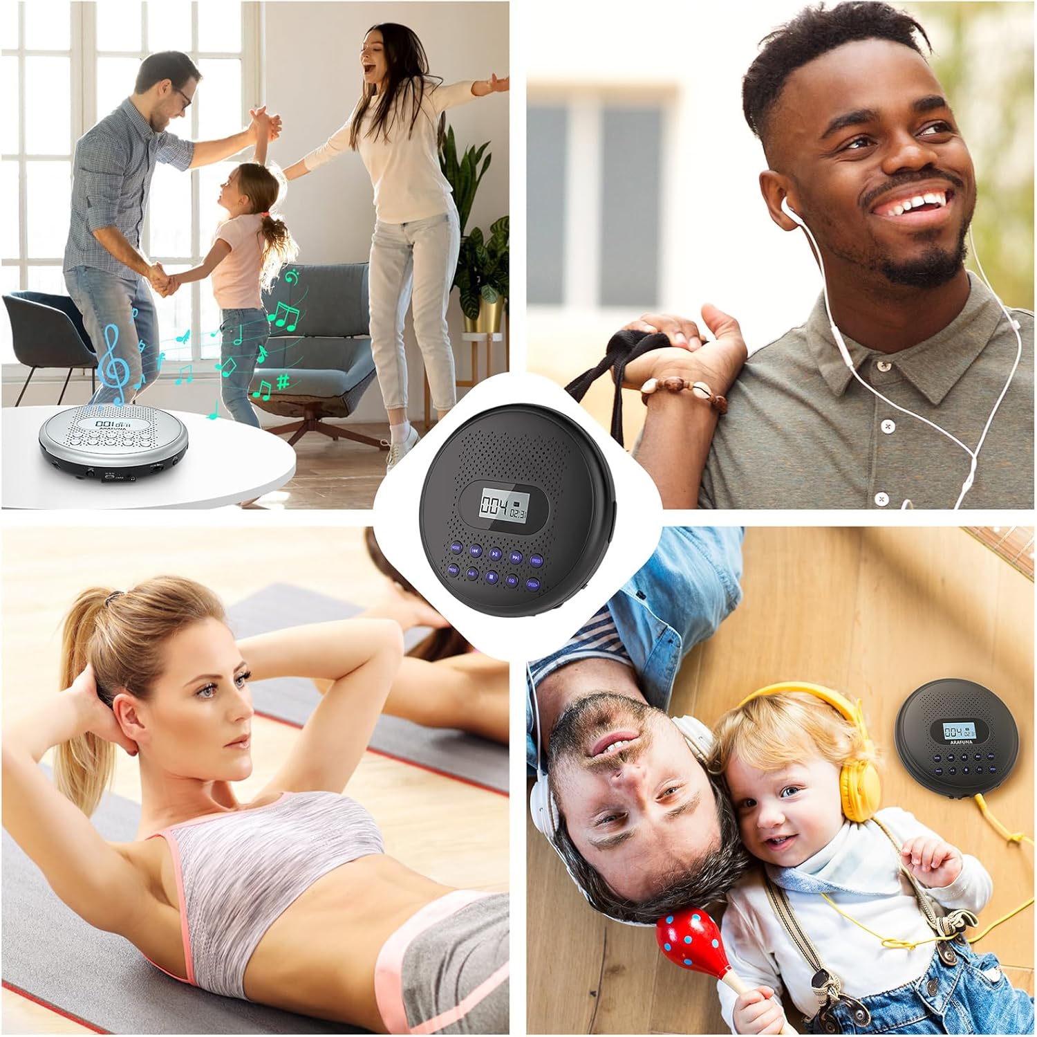 ARAFUNA Portable CD Player with Dual Stereo Speakers, Rechargeable Compact CD Player for Car with Anti-Skip Protection, Headphones and AUX Cable