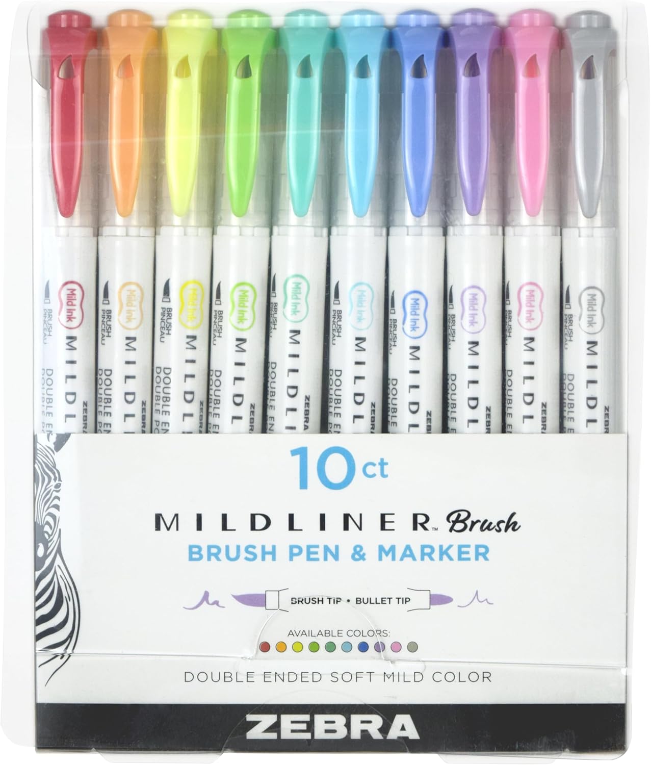 Zebra Pen Mildliner Double-Ended Brush Marker, Brush and Fine Tip Pen, Ideal for Bible Highlighting, No Bleed, Assorted Soft Hue Colors, 10-Pack (79101) Assorted B 1 Count (Pack of 10) Brush Marker