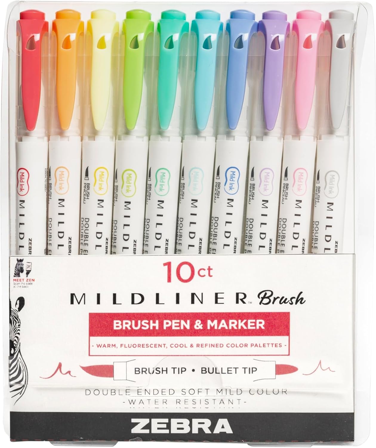 Zebra Pen Mildliner Double-Ended Brush Marker, Brush and Fine Tip Pen, Ideal for Bible Highlighting, No Bleed, Assorted Soft Hue Colors, 10-Pack (79101)