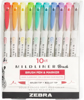 Zebra Pen Mildliner Double-Ended Brush Marker, Brush and Fine Tip Pen, Ideal for Bible Highlighting, No Bleed, Assorted Soft Hue Colors, 10-Pack (79101)
