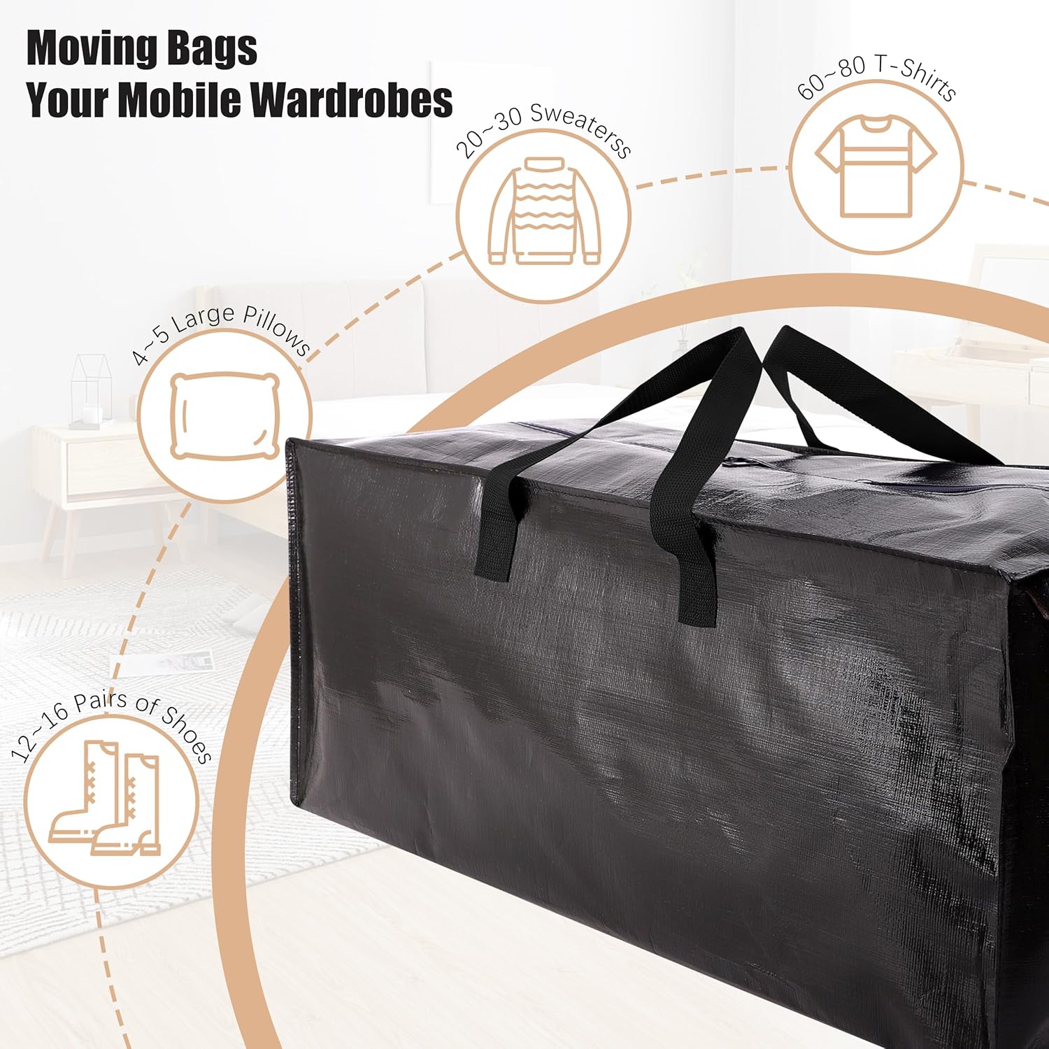 Heavy Duty Moving Bags with Backpack Straps and Strong Handles, Alternative to Moving Boxes and Storage Totes for Dorm Room Essentials, 6 Pack, Black Black 93L - 6 pcs - Backpack