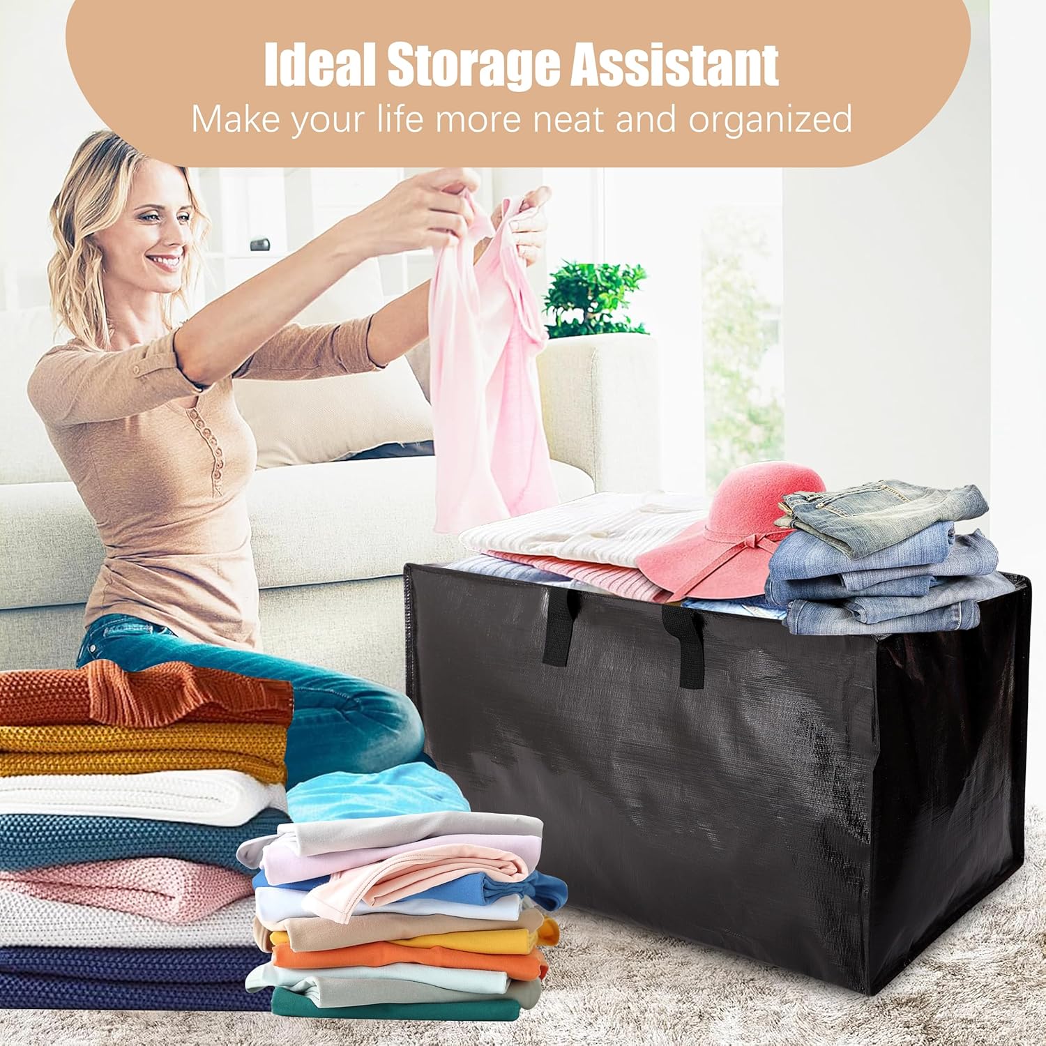 Heavy Duty Moving Bags with Backpack Straps and Strong Handles, Alternative to Moving Boxes and Storage Totes for Dorm Room Essentials, 6 Pack, Black Black 93L - 6 pcs - Backpack