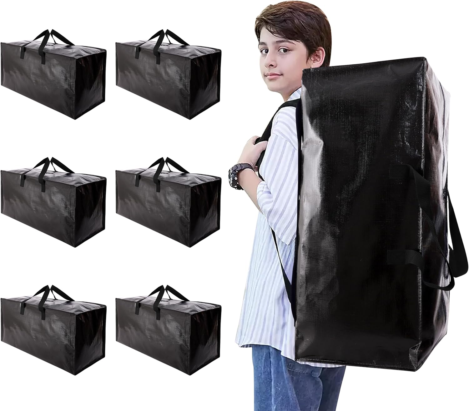Heavy Duty Moving Bags with Backpack Straps and Strong Handles, Alternative to Moving Boxes and Storage Totes for Dorm Room Essentials, 6 Pack, Black Black 93L - 6 pcs - Backpack