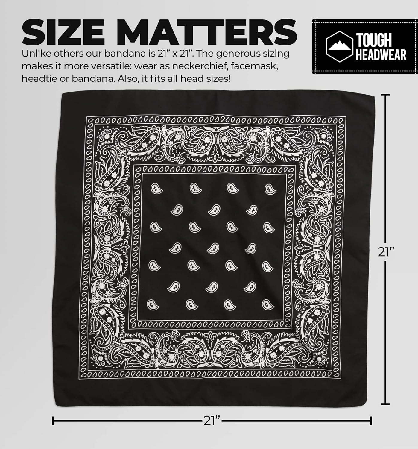 Tough Headwear Large Bandana Headband - Handkerchief Bandanas for Men & Women - Paisley Bandana Pack - Cowboy Scarf 1 Black