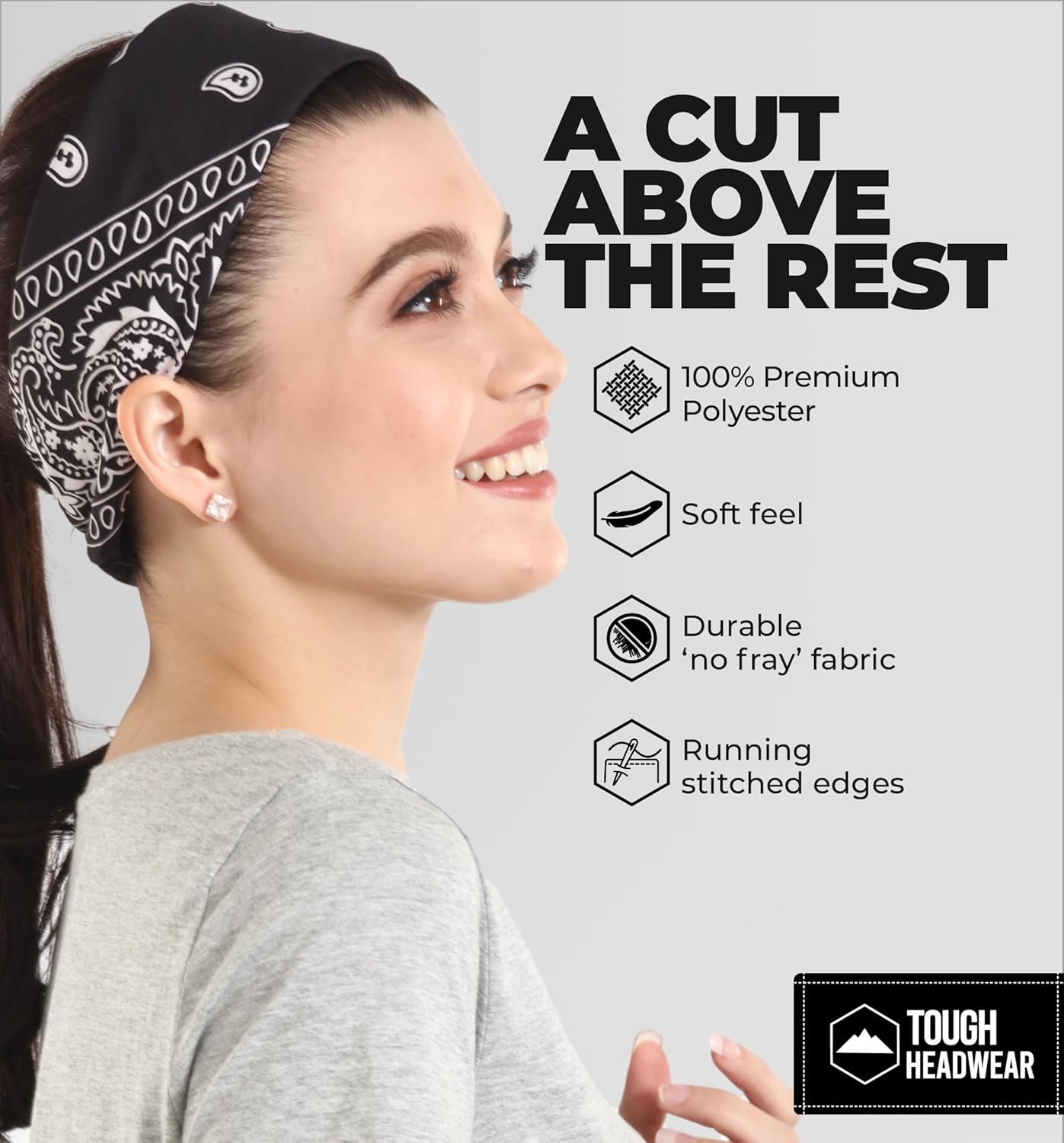 Tough Headwear Large Bandana Headband - Handkerchief Bandanas for Men & Women - Paisley Bandana Pack - Cowboy Scarf 1 Black