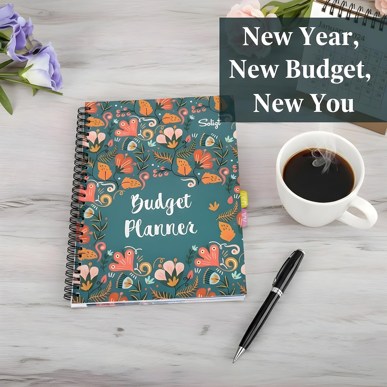 Soligt Budget Planner Monthly Budget Book Bill Organizer with 12 Pockets, Undated Home Financial Money Expense Saving Debt Tracker Notebook, 1 Year, Blue Floral, Spiral Design