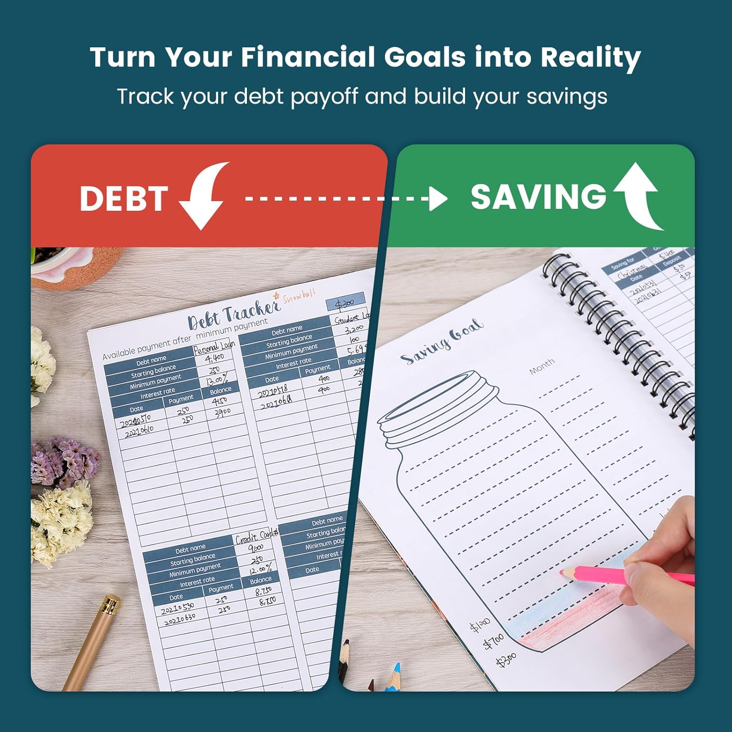 Soligt Budget Planner Monthly Budget Book Bill Organizer with 12 Pockets, Undated Home Financial Money Expense Saving Debt Tracker Notebook, 1 Year, Blue Floral, Spiral Design