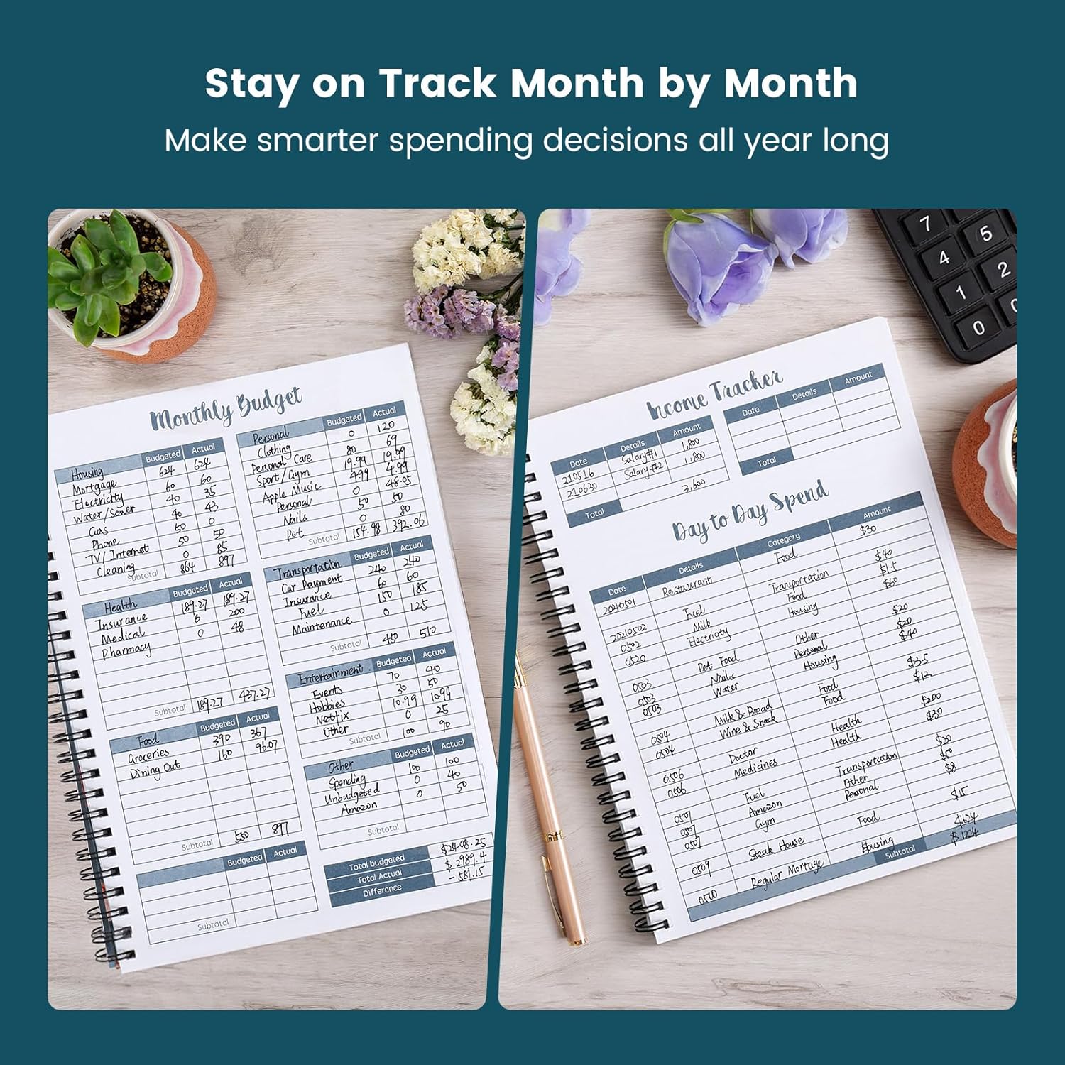 Soligt Budget Planner Monthly Budget Book Bill Organizer with 12 Pockets, Undated Home Financial Money Expense Saving Debt Tracker Notebook, 1 Year, Blue Floral, Spiral Design