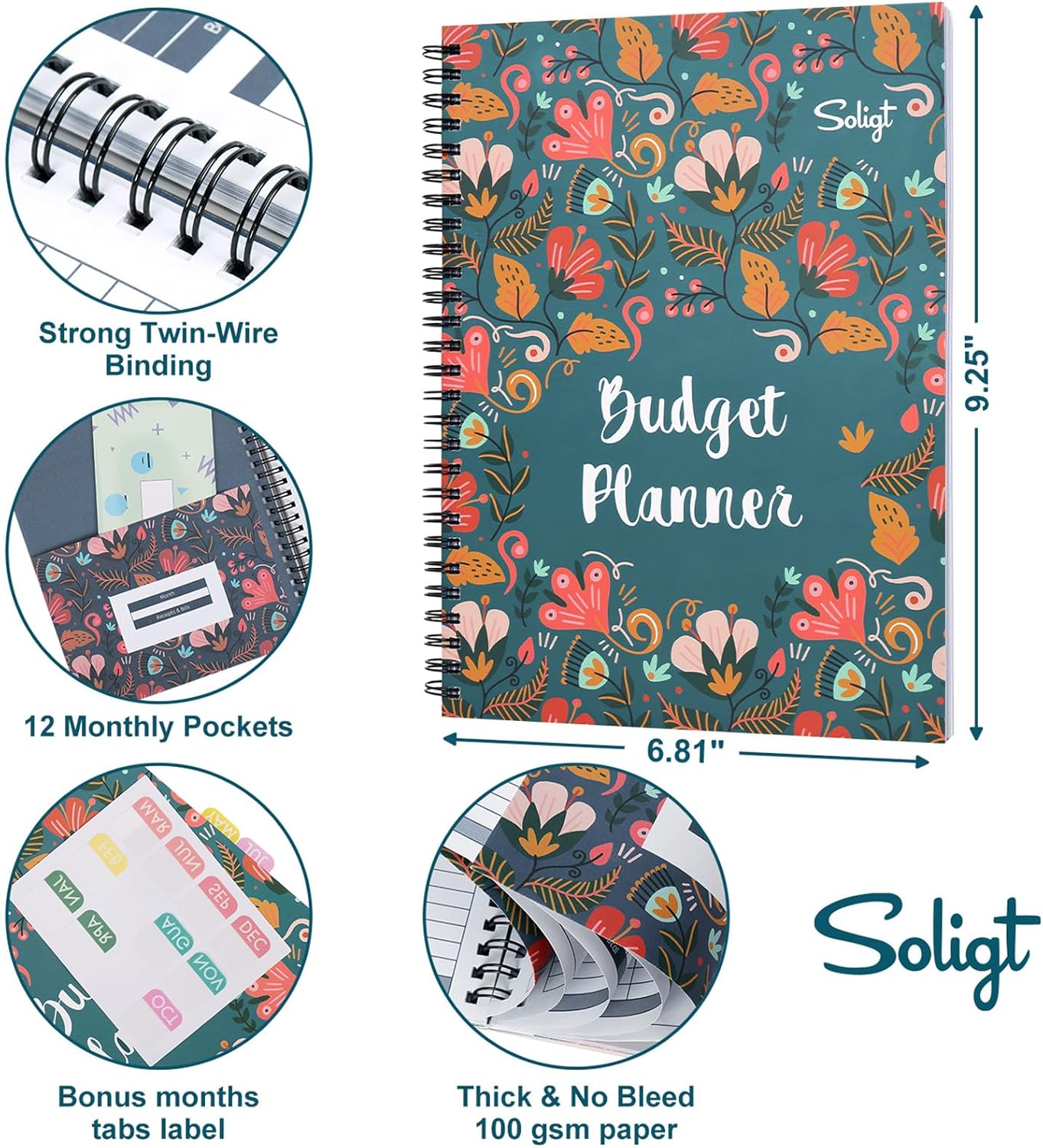 Soligt Budget Planner Monthly Budget Book Bill Organizer with 12 Pockets, Undated Home Financial Money Expense Saving Debt Tracker Notebook, 1 Year, Blue Floral, Spiral Design