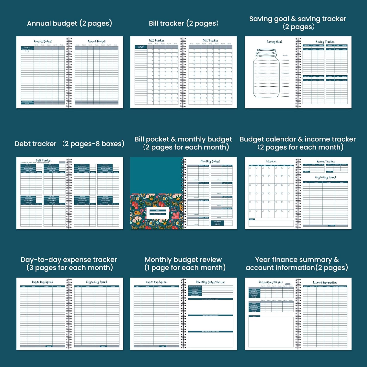 Soligt Budget Planner Monthly Budget Book Bill Organizer with 12 Pockets, Undated Home Financial Money Expense Saving Debt Tracker Notebook, 1 Year, Blue Floral, Spiral Design