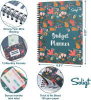 Soligt Budget Planner Monthly Budget Book Bill Organizer with 12 Pockets, Undated Home Financial Money Expense Saving Debt Tracker Notebook, 1 Year, Blue Floral, Spiral Design