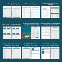 Soligt Budget Planner Monthly Budget Book Bill Organizer with 12 Pockets, Undated Home Financial Money Expense Saving Debt Tracker Notebook, 1 Year, Blue Floral, Spiral Design