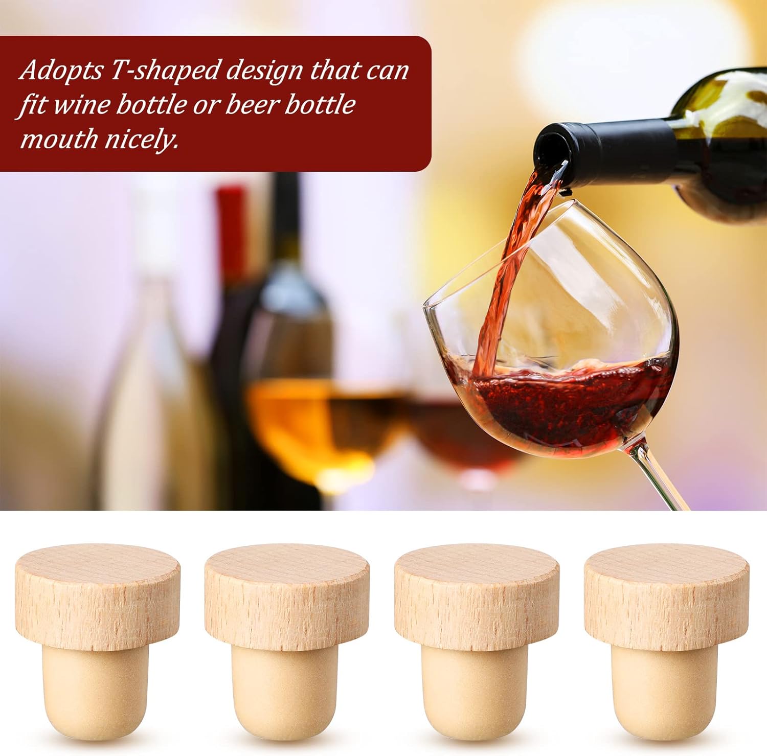 Yalikop 24 Pcs T Shaped Cork Plugs Reusable Wooden & Rubber Wine & Beer Bottle Stoppers