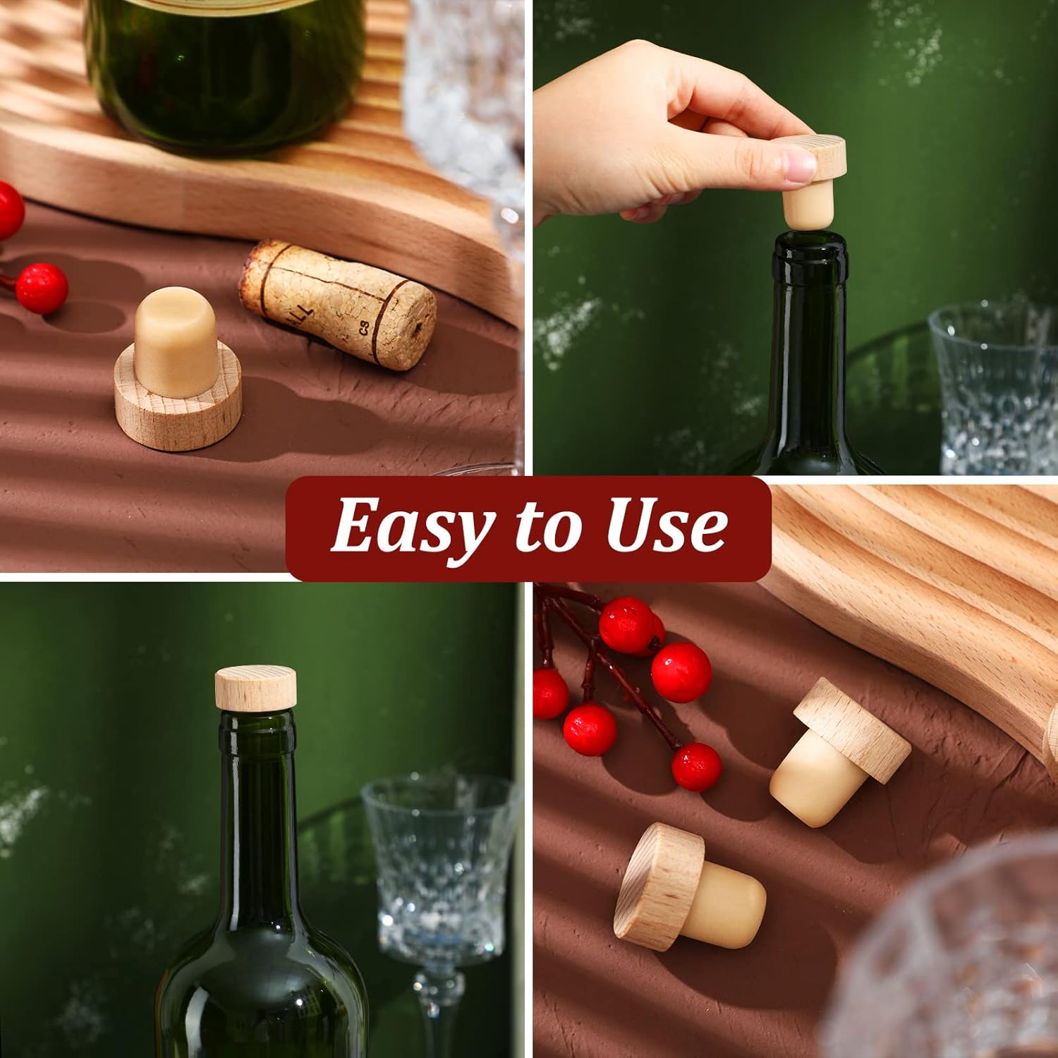 Yalikop 24 Pcs T Shaped Cork Plugs Reusable Wooden & Rubber Wine & Beer Bottle Stoppers
